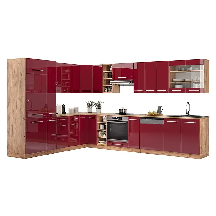 Vicco Eckküche Fame-Line Bordeaux Hochglanz/Goldkraft Eiche, AP Anthrazit - B x T: 347 x 60 cm, Bordeaux Hochglanz, Ohne Elektrogeräte - Moderne L-förmige Küche mit hochglanzroten Fronten und hellem Holzdekor, inklusive Geräten und viel Stauraum.