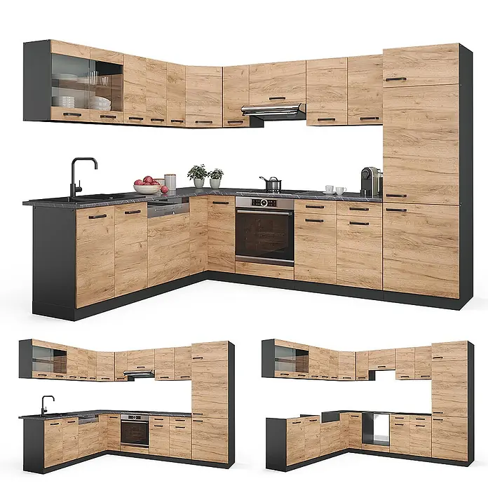 Eckküche R-Line 287 cm Goldkraft Eiche Art.-Nr. 34938 -  - Moderne Eckküchenzeile in heller Holzoptik und Schwarz, mit Spüle, Backofen und integrierten Geräten.