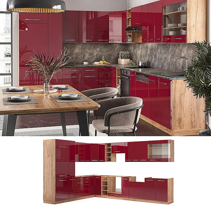 Vicco Eckküche Fame-Line Bordeaux Hochglanz/Goldkraft Eiche, AP Anthrazit - B x T: 347 x 60 cm, Bordeaux Hochglanz, Ohne Elektrogeräte - Glänzende rote Küchenschränke mit integrierten Holz-Akzenten, L-förmig für eine moderne Küche angeordnet.