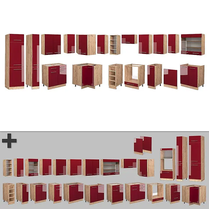 Vicco Eckküche Fame-Line Bordeaux Hochglanz/Goldkraft Eiche, AP Anthrazit - B x T: 347 x 60 cm, Bordeaux Hochglanz, Ohne Elektrogeräte - Modulare Küchenschränke mit hochglänzenden roten Türen und hellen Holz-Effektrahmen, inklusive Hochschränken, Unterschränken und Oberschränken.