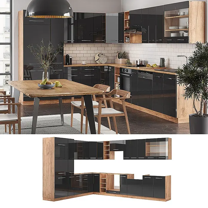 Vicco Eckküche Fame-Line Anthrazit Hochglanz/Goldkraft Eiche, AP Eiche - B x T: 347 x 60 cm, Anthrazit Hochglanz, Ohne Elektrogeräte - Eckküche mit schwarzen Hochglanzschränken und hellen Holzapplikationen, integrierte Geräte, in modernem Wohnambiente.