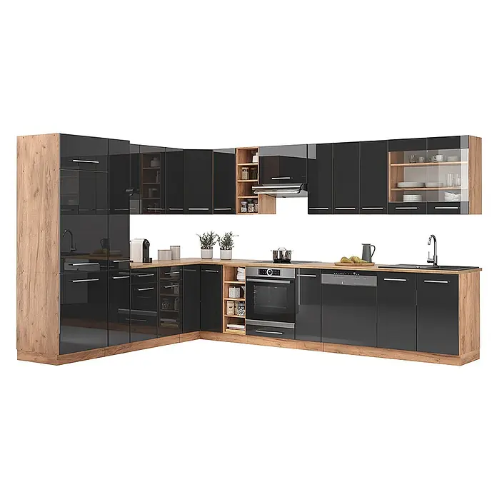 Vicco Eckküche Fame-Line Anthrazit Hochglanz/Goldkraft Eiche, AP Eiche - B x T: 347 x 60 cm, Anthrazit Hochglanz, Ohne Elektrogeräte - L-förmige Küchenzeile mit glänzend dunkelgrauen Schränken und rustikalen Holzapplikationen, mit integriertem Ofen, Kochfeld, Spüle und offenen Regalen.