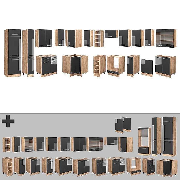 Vicco Eckküche Fame-Line Anthrazit Hochglanz/Goldkraft Eiche, AP Eiche - B x T: 347 x 60 cm, Anthrazit Hochglanz, Ohne Elektrogeräte - Modulares Küchenschrank-Set in Eiche-Optik und Dunkelgrau, mit verschiedenen Unter-, Ober- und Hochschränken.