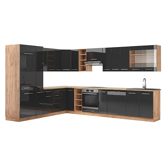 Vicco Eckküche Fame-Line Anthrazit Hochglanz/Goldkraft Eiche, AP Eiche - B x T: 347 x 60 cm, Anthrazit Hochglanz, Ohne Elektrogeräte - L-förmige Küche mit hochglänzenden schwarzen Fronten und Holzdekor, inklusive Backofen, Geschirrspüler und Spüle.