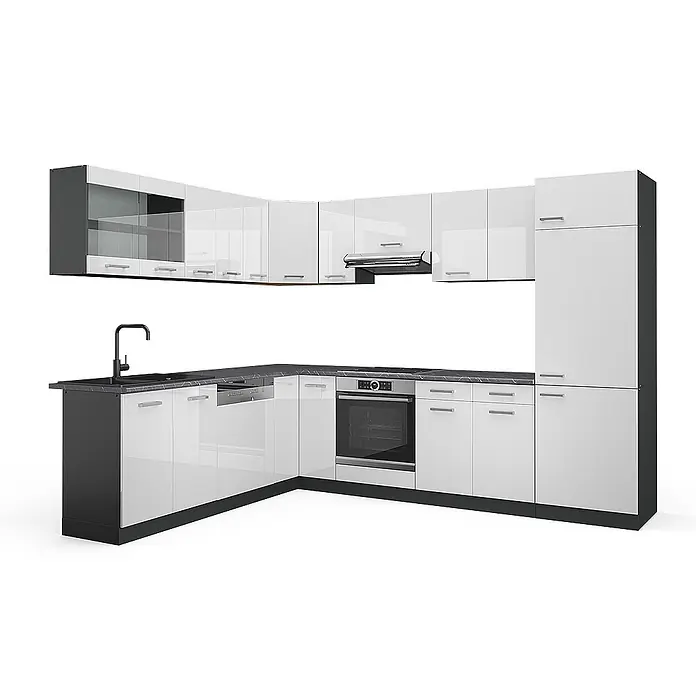 Vicco Eckküche R-Line Weiß Hochglanz/Anthrazit, AP Anthrazit - B x T: 287 x 60 cm, Weiß Hochglanz, Ohne Elektrogeräte - L-förmige Küchenzeile mit glänzend weißen Schränken, dunklen Arbeitsplatten und integrierten Geräten wie Spüle und Backofen.