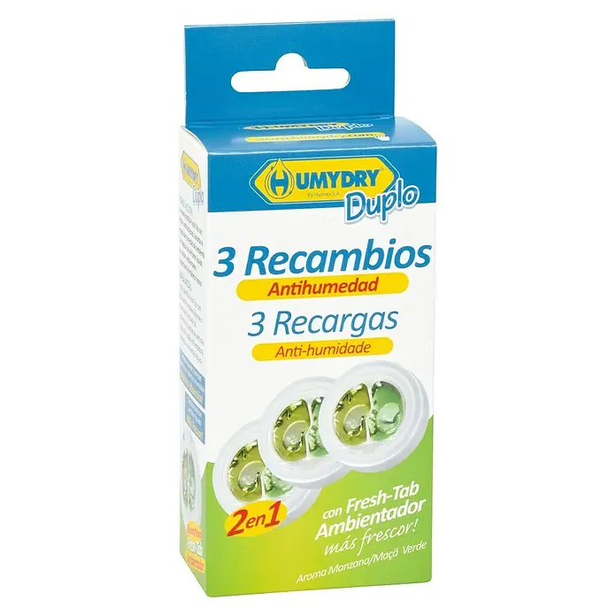 Humydry Pack de recambios para el deshumidificador Mini Tab - Manzana, 3 ud. - Envase de 3 recambios UMYDRY Duplo que absorben la humedad y desprenden aroma a manzana.