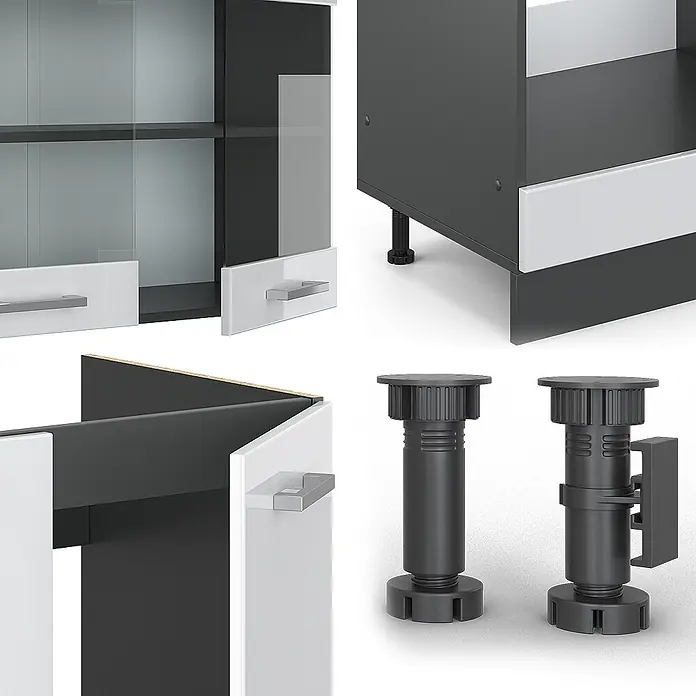 Vicco Eckküche R-Line Weiß Hochglanz/Anthrazit, AP Eiche - B x T: 287 x 60 cm, Weiß Hochglanz, Ohne Elektrogeräte - Komponenten eines modularen Schranksystems: weiße/dunkelgraue Platten, Glastüren, silberne Griffe und verstellbare dunkelgraue Möbelfüße.