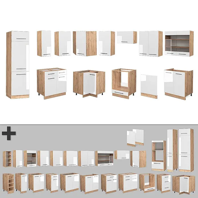 Vicco Eckküche Fame-Line Weiß Hochglanz/Goldkraft Eiche, AP Anthrazit - B x T: 287 x 60 cm, Weiß Hochglanz, Ohne Elektrogeräte - Modulare Küchenschränke in heller Holzmaserung und glänzendem Weiß, mit verschiedenen Ober-, Unter- und Hochschränken.