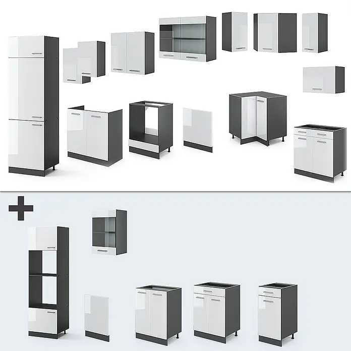 Vicco Eckküche R-Line Weiß Hochglanz/Anthrazit, AP Eiche - B x T: 287 x 60 cm, Weiß Hochglanz, Ohne Elektrogeräte - Modulare Küchenschrank-Kollektion: weiße Hochglanzfronten, dunkelgraue Korpusse. Enthält Hochschränke, Ober-, Unter- und Eckschränke für flexible Küchengestaltung.
