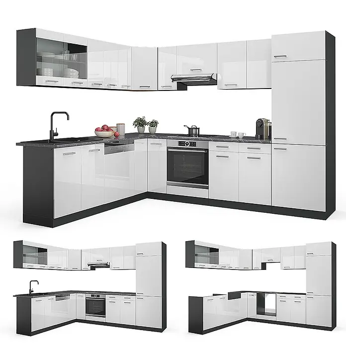 Vicco Eckküche R-Line Weiß Hochglanz/Anthrazit, AP Eiche - B x T: 287 x 60 cm, Weiß Hochglanz, Ohne Elektrogeräte - L-förmige Küchenzeile mit hochglanzweißen Fronten und schwarzen Rahmen, inkl. Spüle, Backofen und Hochschrank.