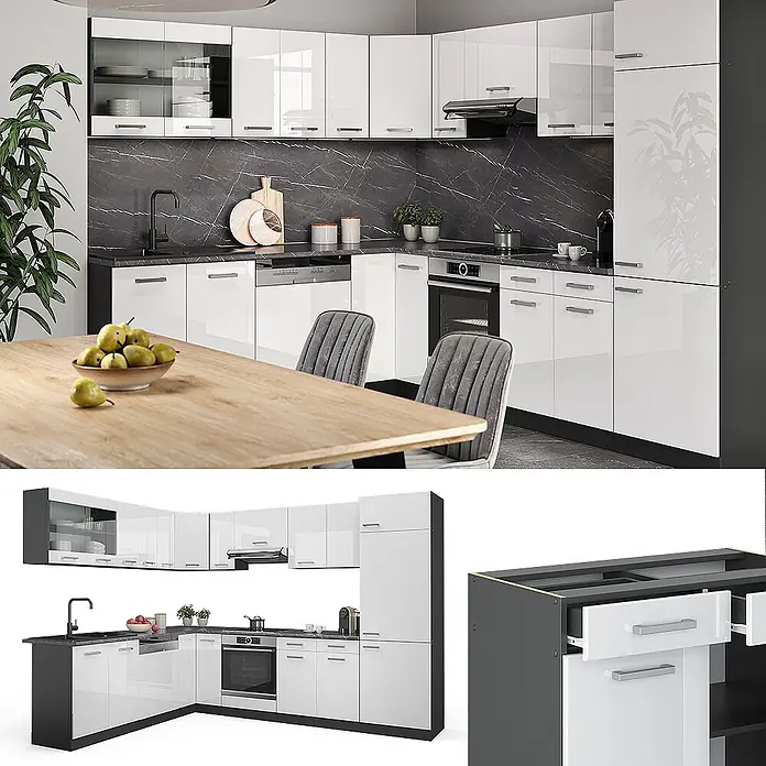 Vicco Eckküche R-Line Weiß Hochglanz/Anthrazit, AP Eiche - B x T: 287 x 60 cm, Weiß Hochglanz, Ohne Elektrogeräte - Moderne L-förmige Küche mit hochglänzenden weißen Schränken, schwarzen Arbeitsplatten und Einbaugeräten.