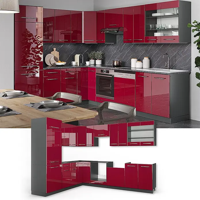 Vicco Eckküche Fame-Line Bordeaux Hochglanz/Anthrazit ohne Arbeitsplatte - B x T: 287 x 46 cm, Bordeaux Hochglanz, Ohne Elektrogeräte - Moderne, glänzende rote und dunkelgraue Eckküche.