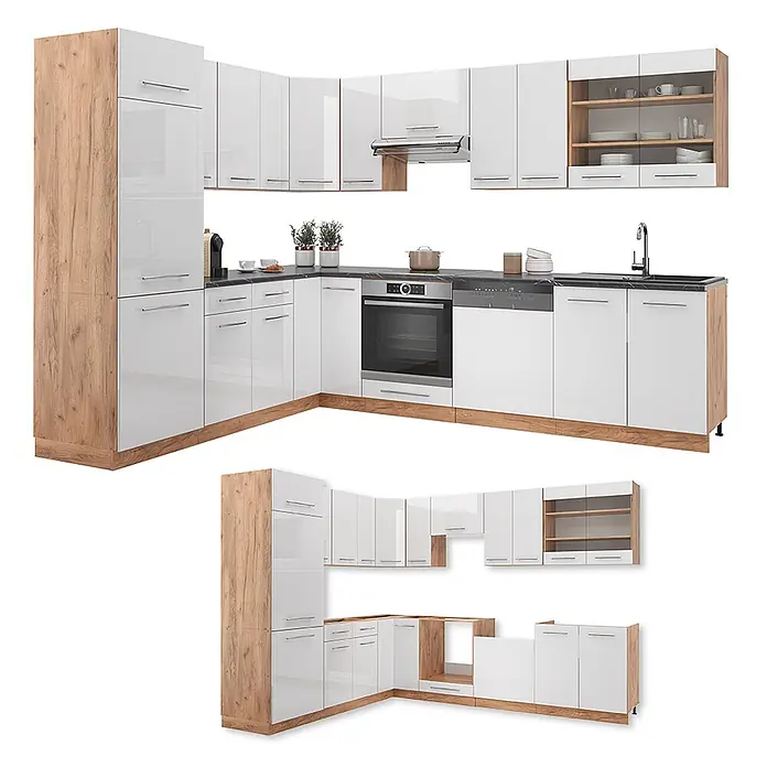 Vicco Eckküche Fame-Line Weiß Hochglanz/Goldkraft Eiche, AP Anthrazit - B x T: 287 x 60 cm, Weiß Hochglanz, Ohne Elektrogeräte - Eckküchenzeile mit weißen Hochglanzfronten und hellen Holz-(Eichenoptik)-Elementen, inkl. integrierter Geräte und Stauraum.