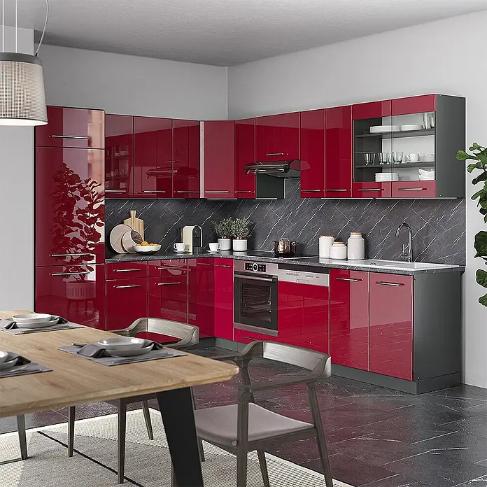 Vicco Eckküche Fame-Line Bordeaux Hochglanz/Anthrazit ohne Arbeitsplatte - B x T: 287 x 46 cm, Bordeaux Hochglanz, Ohne Elektrogeräte - Modernes L-förmiges Küchenensemble mit hochglänzenden roten Schränken, schwarzer Marmor-Arbeitsplatte und integrierten Geräten.
