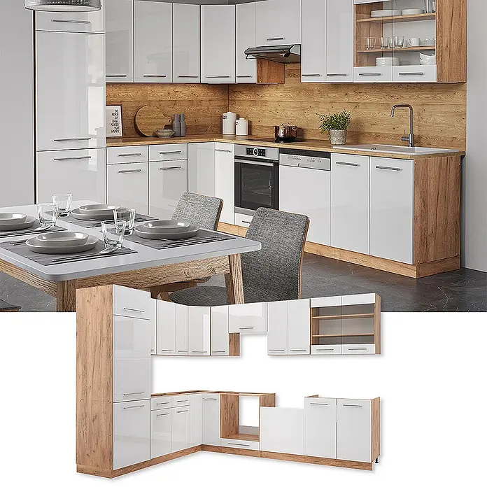 Vicco Eckküche Fame-Line Weiß Hochglanz/Goldkraft Eiche, AP Anthrazit - B x T: 287 x 60 cm, Weiß Hochglanz, Ohne Elektrogeräte - Moderne Küchenzeile: hochglanzweiße Schränke, heller Holzdekor. Montiert und als Module.