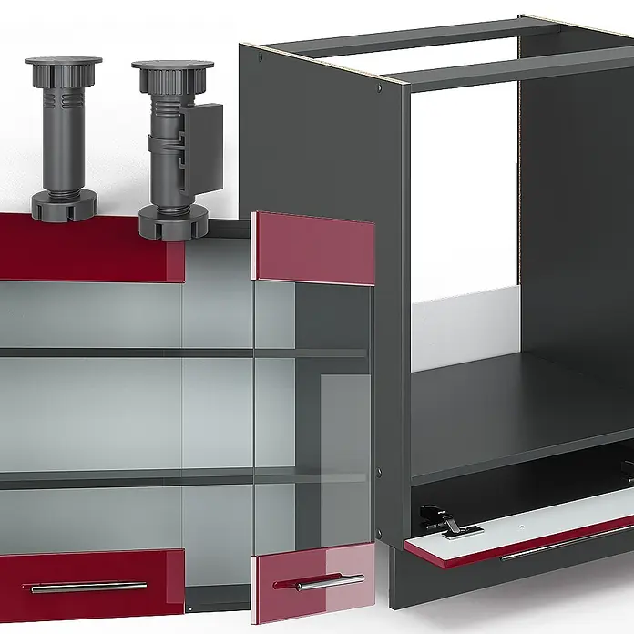 Vicco Eckküche Fame-Line Bordeaux Hochglanz/Anthrazit ohne Arbeitsplatte - B x T: 287 x 46 cm, Bordeaux Hochglanz, Ohne Elektrogeräte - Zwei dunkelgraue, verstellbare Kunststoff-Schrankfüße, ein dunkelgrauer Korpus und teilweise installierte rote Glasfronten.