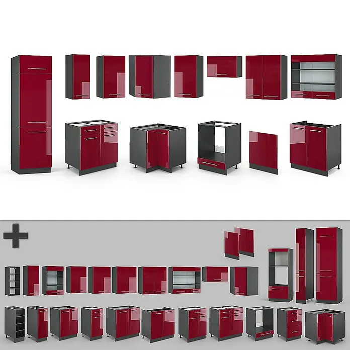 Vicco Eckküche Fame-Line Bordeaux Hochglanz/Anthrazit ohne Arbeitsplatte - B x T: 287 x 46 cm, Bordeaux Hochglanz, Ohne Elektrogeräte - Kollektion modularer Küchenschränke in glänzendem Rot und Dunkelgrau. Enthält Unter-, Wand-, Hoch- und Eckschränke mit Türen und Schubladen.