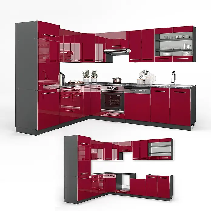 Vicco Eckküche Fame-Line Bordeaux Hochglanz/Anthrazit ohne Arbeitsplatte - B x T: 287 x 46 cm, Bordeaux Hochglanz, Ohne Elektrogeräte - L-förmige Modulküche mit hochglänzenden roten Fronten und grauen Schränken, montiert und teils zerlegt dargestellt.
