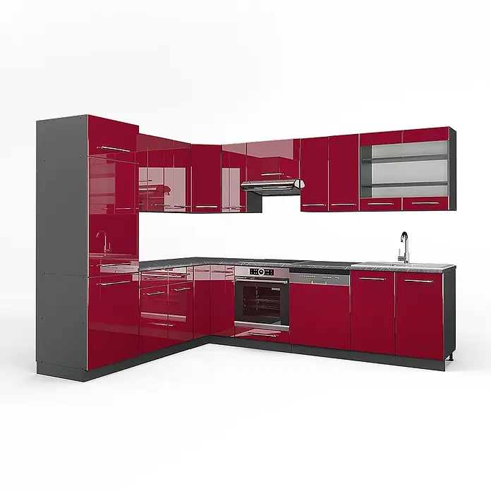 Vicco Eckküche Fame-Line Bordeaux Hochglanz/Anthrazit ohne Arbeitsplatte - B x T: 287 x 46 cm, Bordeaux Hochglanz, Ohne Elektrogeräte - Rote Hochglanz-Eckküche mit grauen Akzenten und integrierten Geräten.