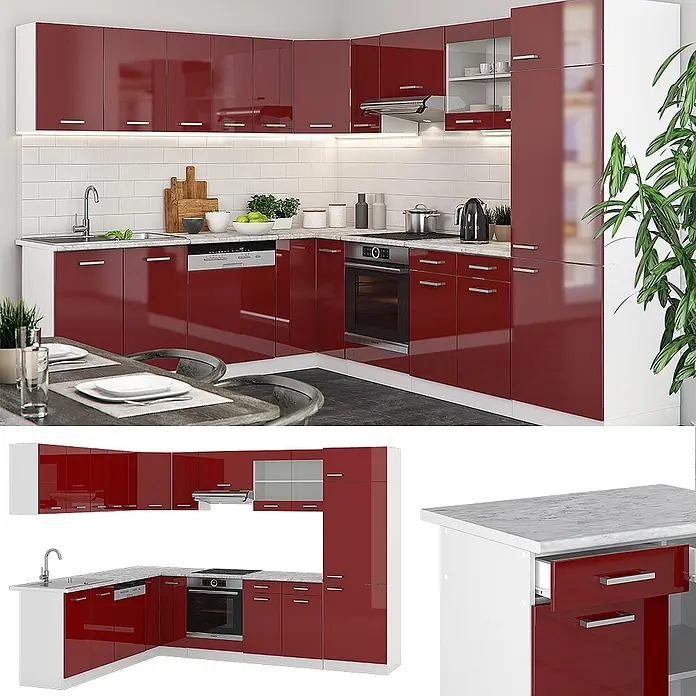 Vicco Eckküche R-Line Rot Hochglanz/Weiß, AP Marmor - B x T: 287 x 60 cm, Rot Hochglanz, Ohne Elektrogeräte - Moderne L-förmige Küchenzeile mit hochglanzroten Schranktüren und weißen Rahmen/Arbeitsplatten, inkl. integrierter Geräte und Spüle.