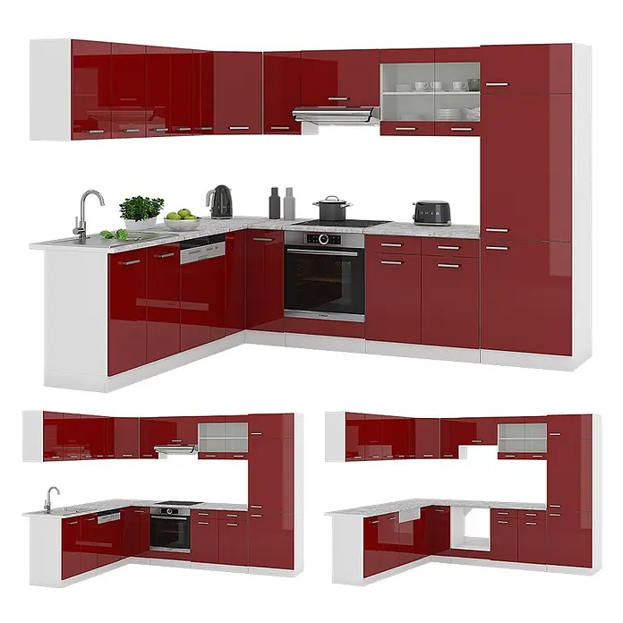 Vicco Eckküche R-Line Rot Hochglanz/Weiß, AP Marmor - B x T: 287 x 60 cm, Rot Hochglanz, Ohne Elektrogeräte - Moderne L-förmige Küche mit glänzend roten Schranktüren, weißen Paneelen und integrierten Geräten wie Ofen, Kochfeld, Spüle, Geschirrspüler.