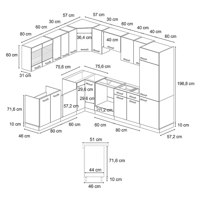 Vicco Eckküche R-Line Rot Hochglanz/Weiß, AP Marmor - B x T: 287 x 60 cm, Rot Hochglanz, Ohne Elektrogeräte - Detaillierte Maßzeichnung eines L-förmigen Küchenlayouts mit verschiedenen Ober- und Unterschränken.