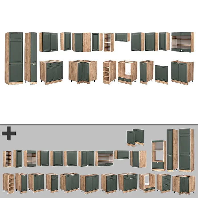 Vicco Eckküche Fame-Line Grün-Gold Landhaus/Goldkraft Eiche ohne Arbeitsplatte - Grün-Gold Landhaus, Ohne Elektrogeräte - Modulares Küchenschrank-Set mit dunkelgrünen Türen und hellen Holzrahmen, mit verschiedenen Hoch-, Unter- und Oberschränken.