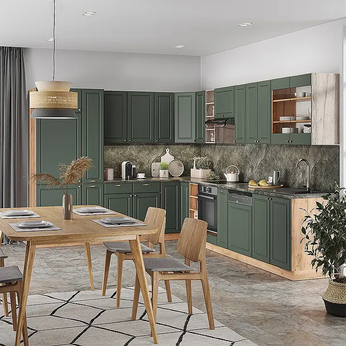 Vicco Eckküche Fame-Line Grün-Gold Landhaus/Goldkraft Eiche ohne Arbeitsplatte - Grün-Gold Landhaus, Ohne Elektrogeräte - Moderne dunkelgrüne Küchenschränke mit Akzenten aus Naturholz in einem geräumigen Küchen- und Essbereich.