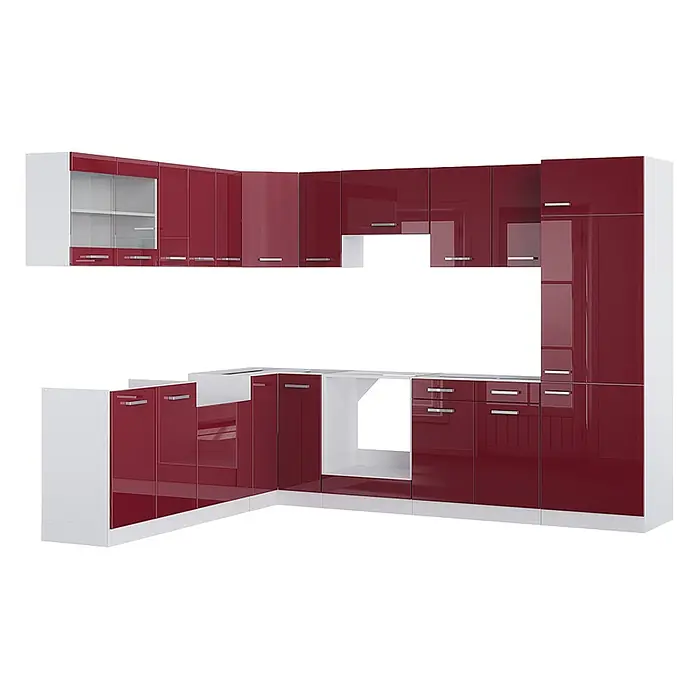 Vicco Eckküche R-Line Rot Hochglanz/Weiß, AP Marmor - B x T: 287 x 60 cm, Rot Hochglanz, Ohne Elektrogeräte - Moderne L-förmige Küchenschränke mit glänzenden roten Türen/Schubladen, weißen Rahmen und silberfarbenen Griffen.