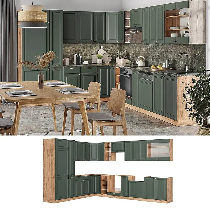 Vicco Eckküche Fame-Line Grün-Gold Landhaus/Goldkraft Eiche ohne Arbeitsplatte - Grün-Gold Landhaus, Ohne Elektrogeräte - Dunkelgrüne Eckküche mit hellen Holzdetails. Gezeigt in einer modernen Küche und als modulare Elemente.