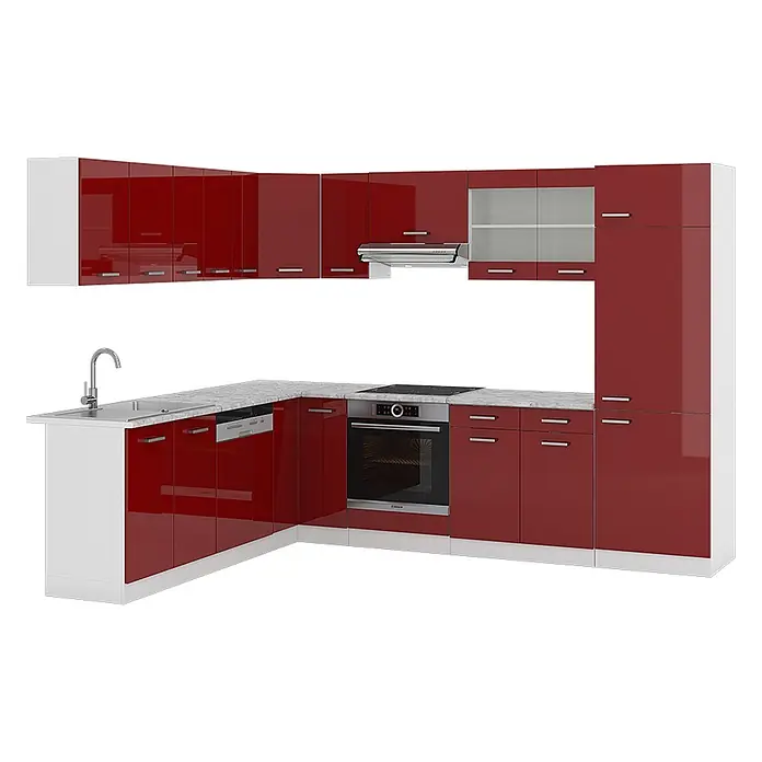 Vicco Eckküche R-Line Rot Hochglanz/Weiß, AP Marmor - B x T: 287 x 60 cm, Rot Hochglanz, Ohne Elektrogeräte - L-förmige Küchenzeile mit glänzend roten Schränken, weißen Akzenten, heller Arbeitsplatte, Spüle, Ofen und Hochschrank.