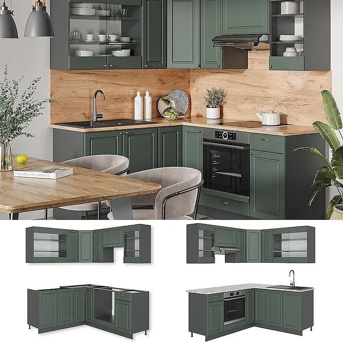 Vicco Eckküche Fame-Line Grün-Gold Landhaus/Anthrazit, AP Eiche - Grün-Gold Landhaus, Ohne Elektrogeräte - L-förmige dunkelgrüne Küche mit Holzakzenten, Holz- und hellen Arbeitsplatten sowie integrierten Geräten.