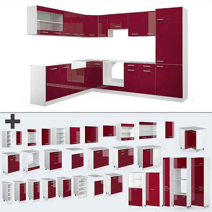 Vicco Eckküche R-Line Rot Hochglanz/Weiß, AP Marmor - B x T: 287 x 60 cm, Rot Hochglanz, Ohne Elektrogeräte - Glänzendes dunkelrotes und weißes modulares Küchenset mit L-förmigen Unter- und Oberschränken, Schubladen und Vitrinen.