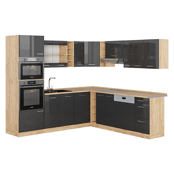 Vicco Eckküche R-Line Anthrazit Hochglanz/Goldkraft Eiche ohne Arbeitsplatte - B x T: 247 x 46 cm, Anthrazit Hochglanz, Ohne Elektrogeräte - L-förmige Küche mit dunkelgrauen Hochglanzschränken und hellen Holzrahmen, mit integrierten Öfen, Spüle, Kochfeld und Geschirrspüler sowie viel Stauraum.