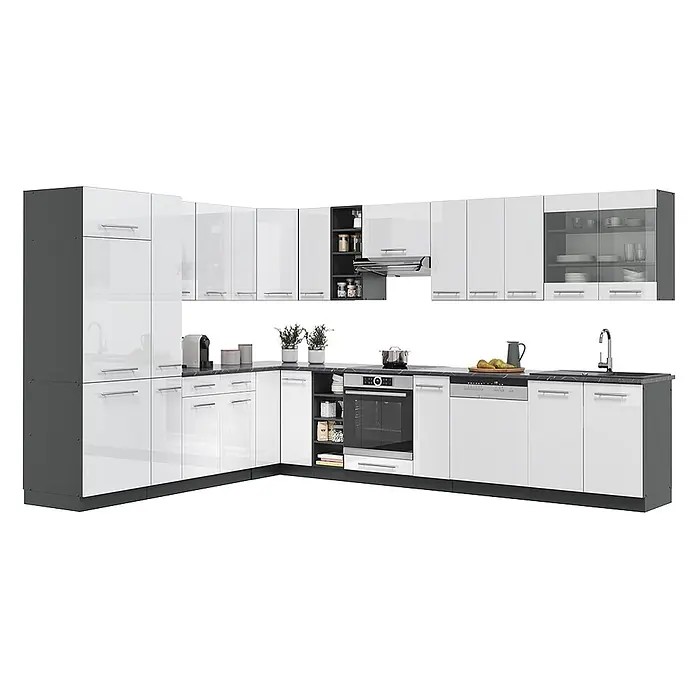 Vicco Eckküche Fame-Line Weiß Hochglanz/Anthrazit, AP Eiche - Weiß Hochglanz, Ohne Elektrogeräte - Moderne L-förmige Küche mit hochglänzenden weißen Schränken, dunklen Arbeitsplatten, integrierten Geräten und offenen Regalen.