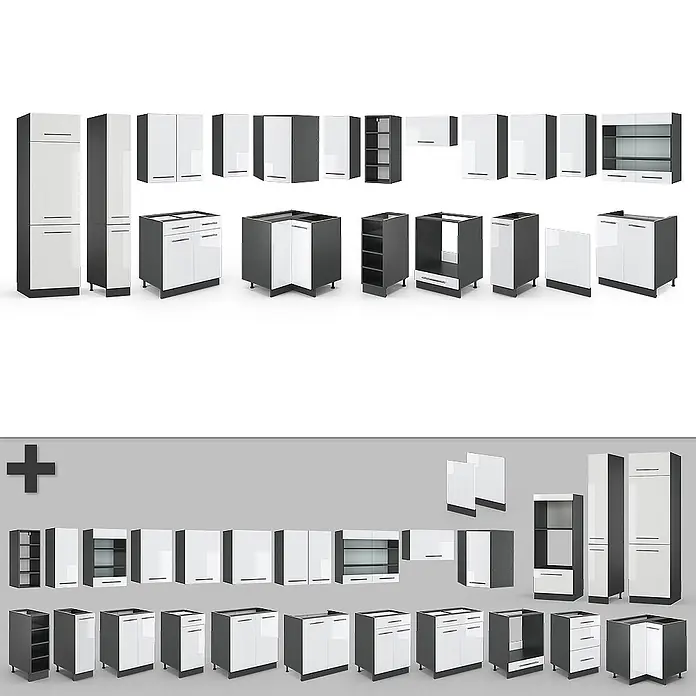 Vicco Eckküche Fame-Line Weiß Hochglanz/Anthrazit, AP Eiche - Weiß Hochglanz, Ohne Elektrogeräte - Set modularer Küchenschränke in Weiß und Dunkelgrau, bestehend aus Unter-, Ober- und Hochschränken sowie Eckmodulen.
