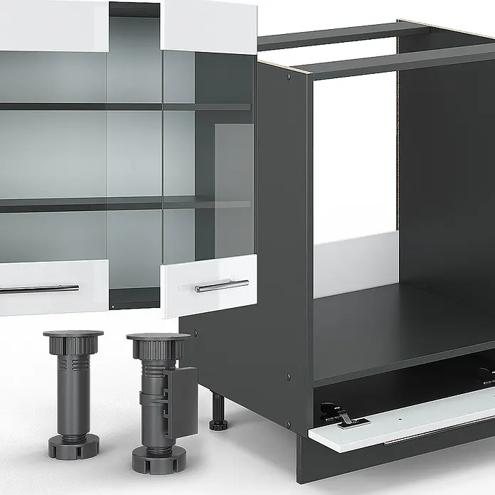 Vicco Eckküche Fame-Line Weiß Hochglanz/Anthrazit, AP Eiche - Weiß Hochglanz, Ohne Elektrogeräte - Modulare graue Küchenschrankteile mit Glas- und weißen Türen, verstellbare Füße, montagebereit.