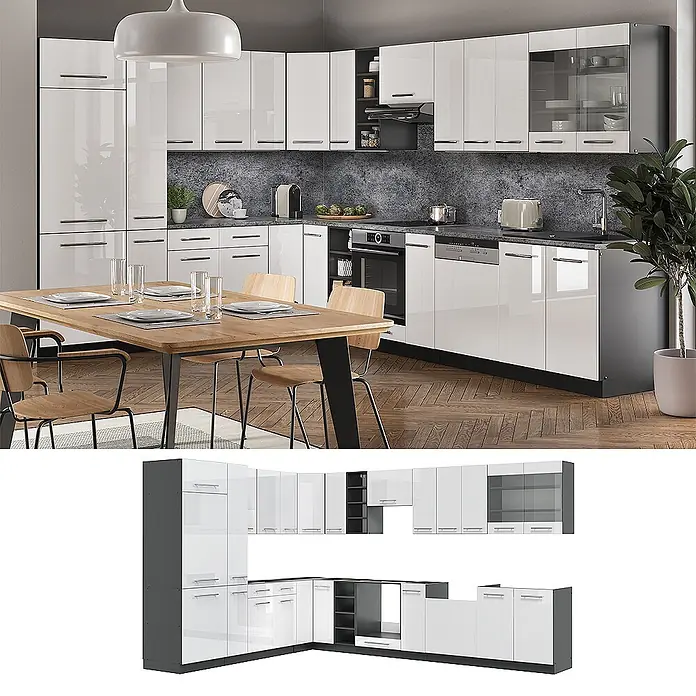 Vicco Eckküche Fame-Line Weiß Hochglanz/Anthrazit, AP Eiche - Weiß Hochglanz, Ohne Elektrogeräte - Eckküche modular mit hochglanzweißen Fronten und dunkelgrauen Schränken.