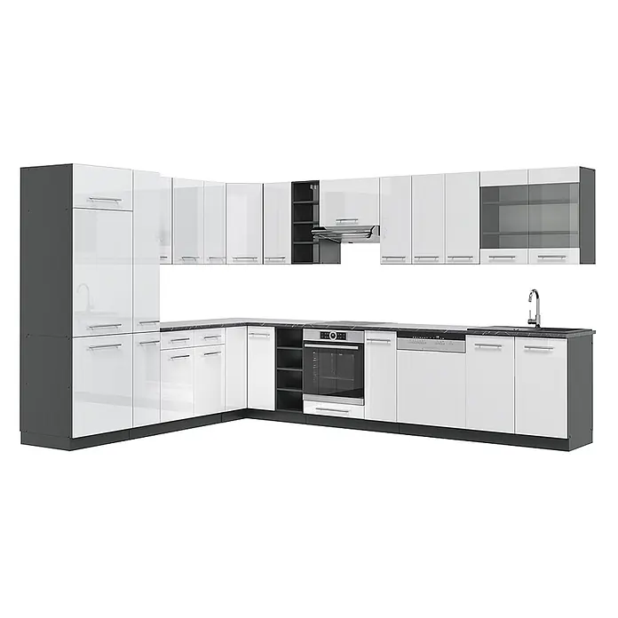 Vicco Eckküche Fame-Line Weiß Hochglanz/Anthrazit, AP Anthrazit - B x T: 347 x 60 cm, Weiß Hochglanz, Ohne Elektrogeräte - Moderne L-förmige Küche mit hochglänzenden weißen Fronten, dunkelgrauem Korpus und Arbeitsplatte, inkl. integrierter Geräte und Stauraum.