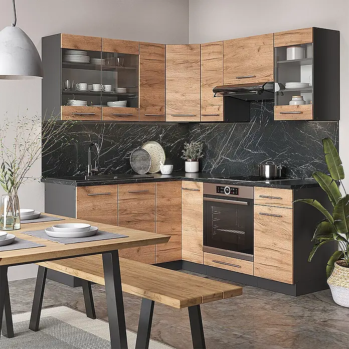 Vicco Eckküche Fame-Line Goldkraft Eiche/Anthrazit, AP Marmor - B x T: 190 x 60 cm, Goldkraft Eiche, Ohne Elektrogeräte - Moderne L-förmige Küchenzeile mit hellen Holzschränken, schwarzen Rahmen und schwarzer Marmor-Arbeitsplatte und Rückwand, inklusive Ofen und Spüle.