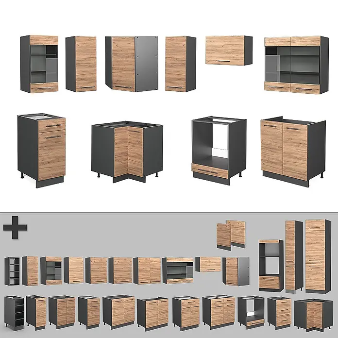 Vicco Eckküche Fame-Line Goldkraft Eiche/Anthrazit, AP Marmor - B x T: 190 x 60 cm, Goldkraft Eiche, Ohne Elektrogeräte - Sortiment modularer Küchenschränke mit dunkelgrauen Korpen und hellen Eicheneffekt-Fronten, darunter verschiedene Unter- und Oberschränke, teils mit Glas.