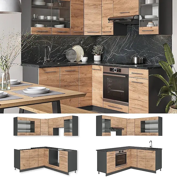 Vicco Eckküche Fame-Line Goldkraft Eiche/Anthrazit, AP Marmor - B x T: 190 x 60 cm, Goldkraft Eiche, Ohne Elektrogeräte - Moderne L-förmige Küche mit hellen Holzfronten und dunklen Arbeitsplatten, inkl. integriertem Ofen und Spüle.