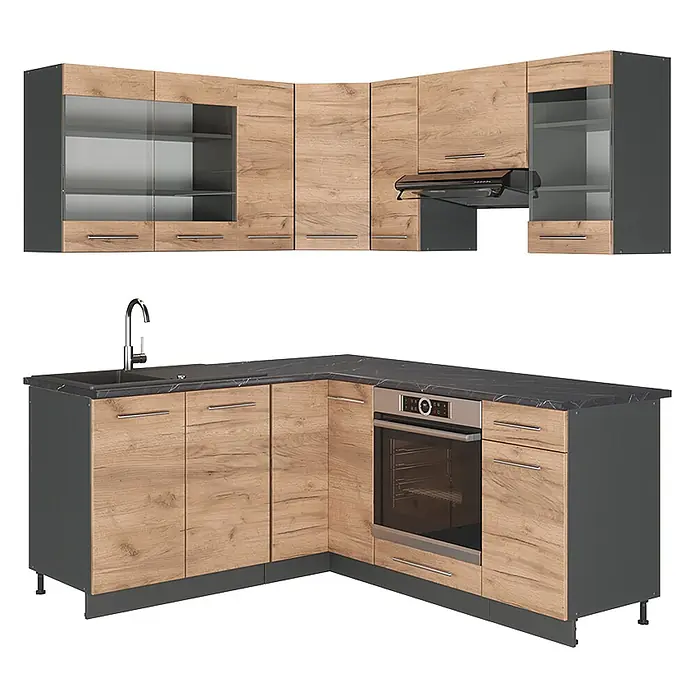 Eckküche Fame-Line 190 cm Goldkraft Eiche Art.-Nr. 42116 -  - L-förmige Küche mit hellen Holzfronten, dunkelgrauen Schränken, dunkel gemaserten Arbeitsplatte, Spüle, Backofen und Dunstabzugshaube.