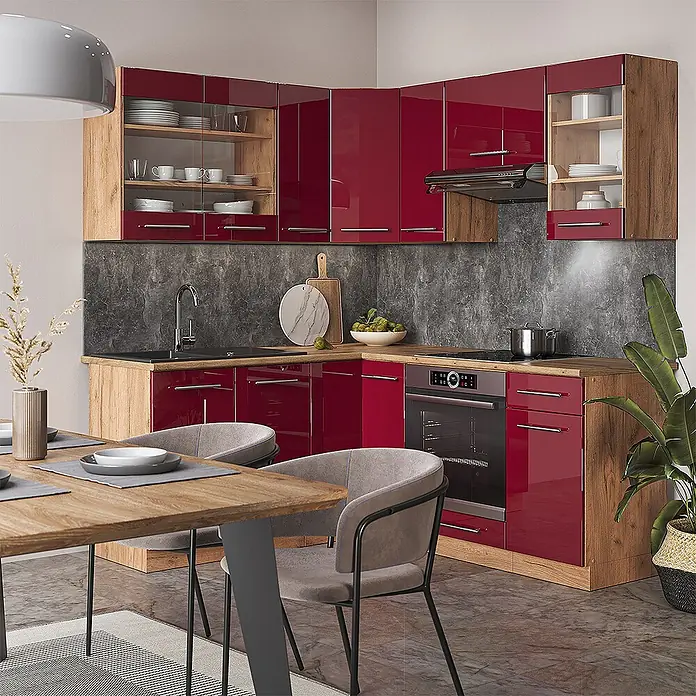 Vicco Eckküche Fame-Line Bordeaux Hochglanz/Goldkraft Eiche ohne Arbeitsplatte - Bordeaux Hochglanz, Ohne Elektrogeräte - Moderne L-förmige Küche mit hochglänzenden roten Fronten, Holzoptik-Arbeitsplatten und grauer Rückwand. Mit integriertem Backofen, Kochfeld und Spüle.