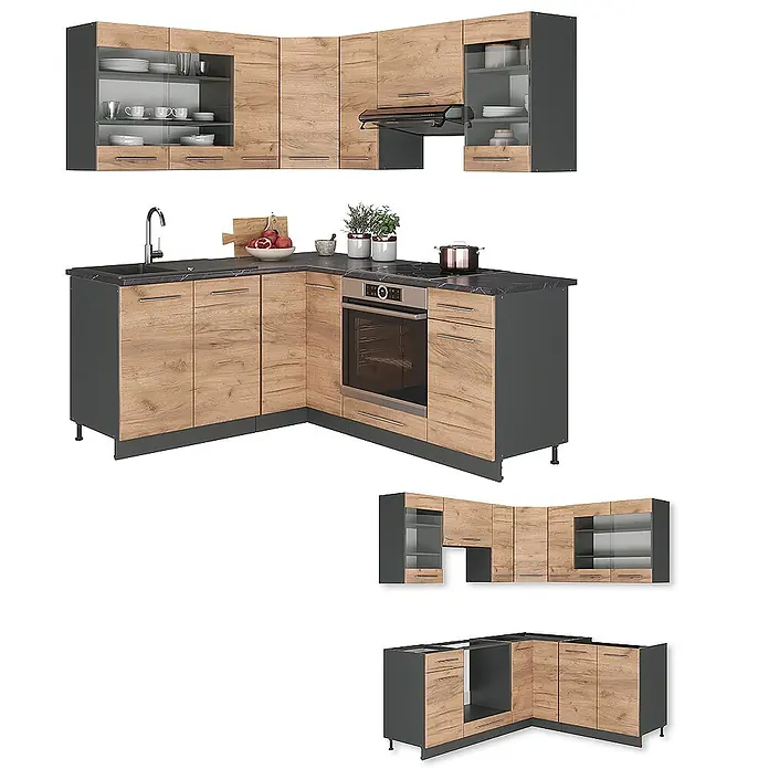 Vicco Eckküche Fame-Line Goldkraft Eiche/Anthrazit, AP Marmor - B x T: 190 x 60 cm, Goldkraft Eiche, Ohne Elektrogeräte - L-förmige Küchenzeile mit Holzdekorfronten, dunkelgrauen Schränken und schwarzer Marmoroptik-Arbeitsplatte, inklusive Spüle, Backofen und Kochfeld.