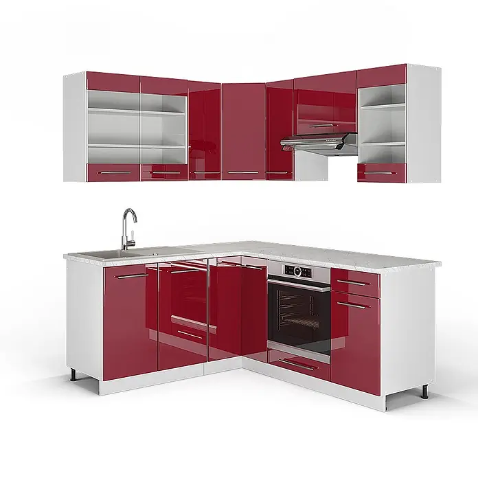 Vicco Eckküche Fame-Line Bordeaux Hochglanz/Weiß ohne Arbeitsplatte - B x T: 190 x 46 cm, Bordeaux Hochglanz, Ohne Elektrogeräte - Winkelküche mit glänzend roten Türen, weißen Korpen und Arbeitsplatte, inklusive Spüle, Backofen und Dunstabzugshaube.