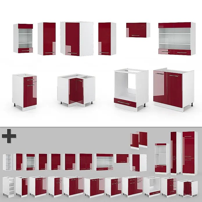 Vicco Eckküche Fame-Line Bordeaux Hochglanz/Weiß ohne Arbeitsplatte - B x T: 190 x 46 cm, Bordeaux Hochglanz, Ohne Elektrogeräte - Set weißer Küchenschränke mit glänzenden roten Fronten in verschiedenen Modulen und Konfigurationen.
