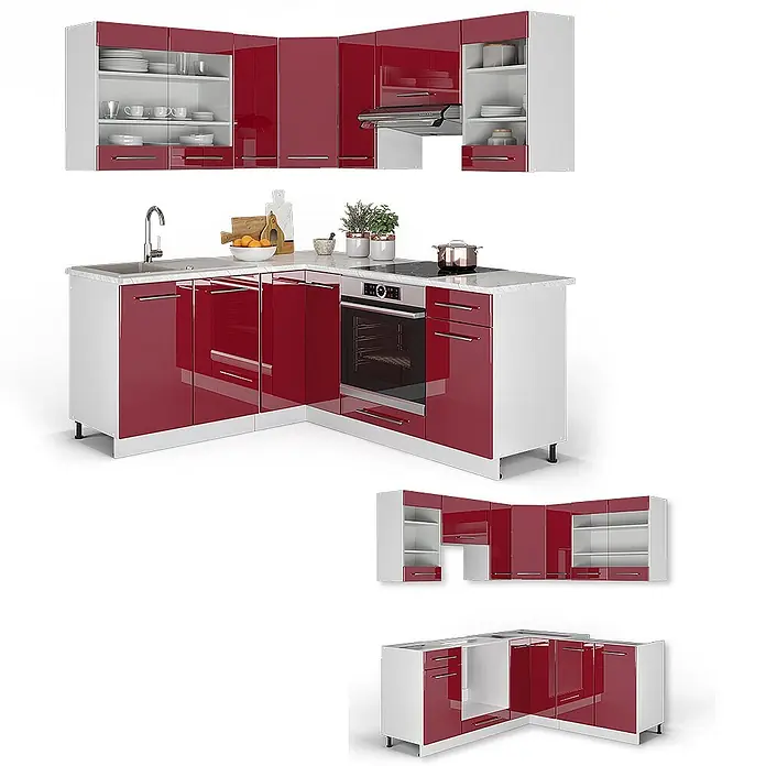Vicco Eckküche Fame-Line Bordeaux Hochglanz/Weiß ohne Arbeitsplatte - B x T: 190 x 46 cm, Bordeaux Hochglanz, Ohne Elektrogeräte - L-förmige Küchenzeile mit glänzenden roten Fronten und weißen Rahmen, bestehend aus Ober- und Unterschränken, Spüle, Ofen und Kochfeld.