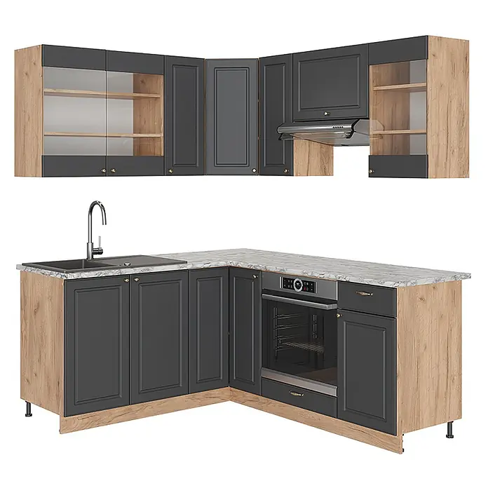 Vicco Eckküche Fame-Line Anthrazit Landhaus/Goldkraft Eiche ohne Arbeitsplatte - B x T: 190 x 46 cm, Anthrazit-Gold Landhaus, Ohne Elektrogeräte - L-förmige Küchenschränke mit dunkelgrauen Türen, Holzpaneelen, weißer Marmorarbeitsplatte, integrierter Spüle, Backofen und Dunstabzugshaube.