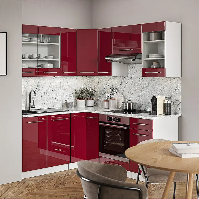 Vicco Eckküche Fame-Line Bordeaux Hochglanz/Weiß ohne Arbeitsplatte - B x T: 190 x 46 cm, Bordeaux Hochglanz, Ohne Elektrogeräte - L-förmige Küchenzeile mit hochglänzenden roten Schränken und weißer Marmor-Arbeitsplatte. Mit integriertem Backofen und Kochfeld.